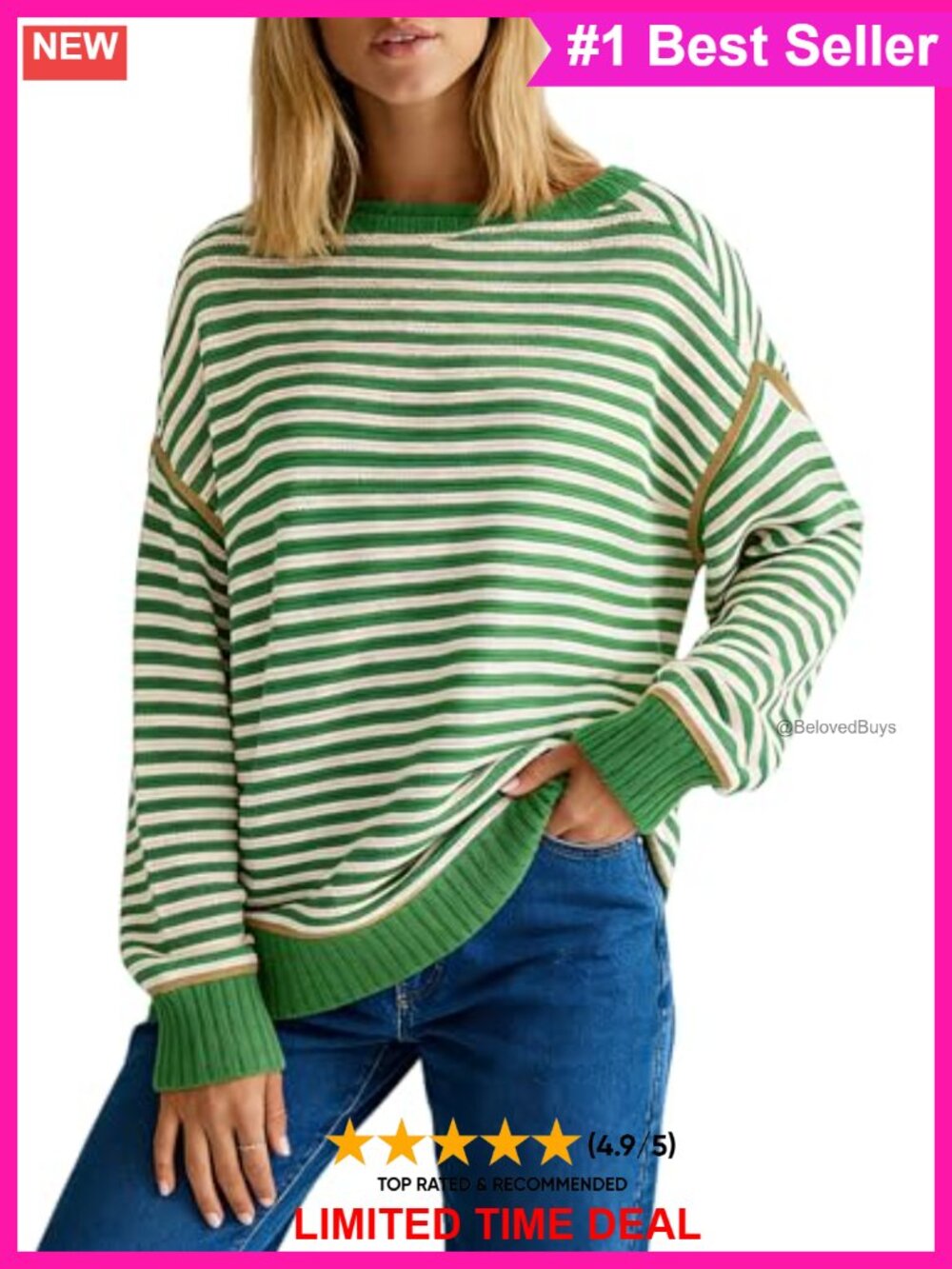 Oversized Striped Knit Cotton Pullover Sweater Boat Neck Long Sleeve